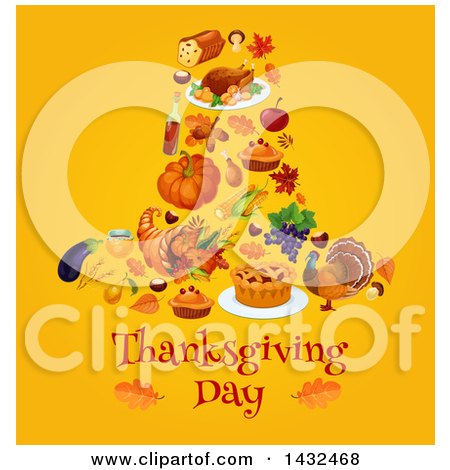 Clipart of a Festive Thanksgiving Design with a Pilgrim Hat Formed of Foods on Yellow - Royalty Free Vector Illustration by Vector Tradition SM
