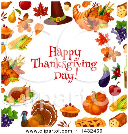 Clipart of a Happy Thanksgiving Day Greeting in a Border with Leaves and Food - Royalty Free Vector Illustration by Vector Tradition SM