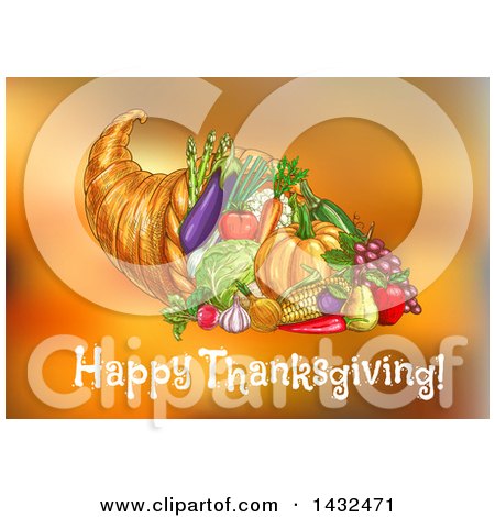 Clipart of a Happy Thanksgiving Greeting Under a Cornucopia, over Orange Blur - Royalty Free Vector Illustration by Vector Tradition SM