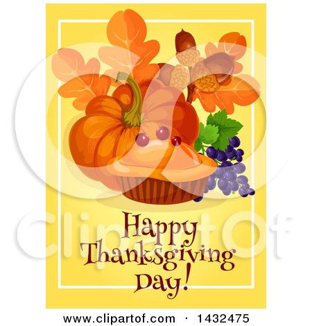 Clipart of a Happy Thanksgiving Day Greeting with Food on Yellow - Royalty Free Vector Illustration by Vector Tradition SM