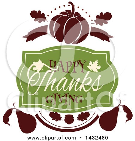 Clipart of a Happy Thanksgiving Greeting with a Pumpkin, Leaves and Pears - Royalty Free Vector Illustration by Vector Tradition SM