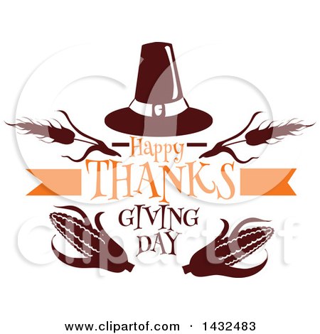 Clipart of a Happy Thanksgiving Day Greeting with Corn, Wheat and a Pilgrim Hat - Royalty Free Vector Illustration by Vector Tradition SM
