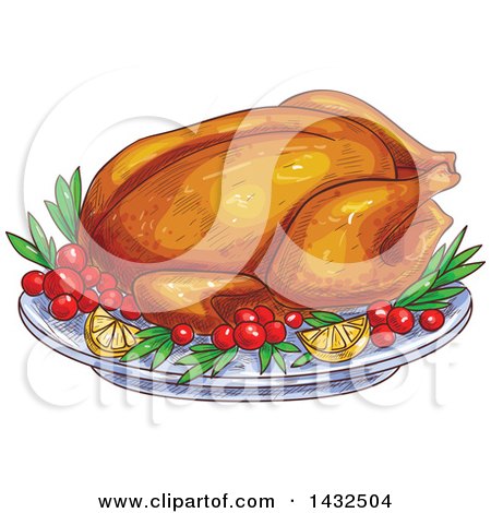 Clipart of a Sketched Roasted Thanksgiving Turkey on a Platter - Royalty Free Vector Illustration by Vector Tradition SM