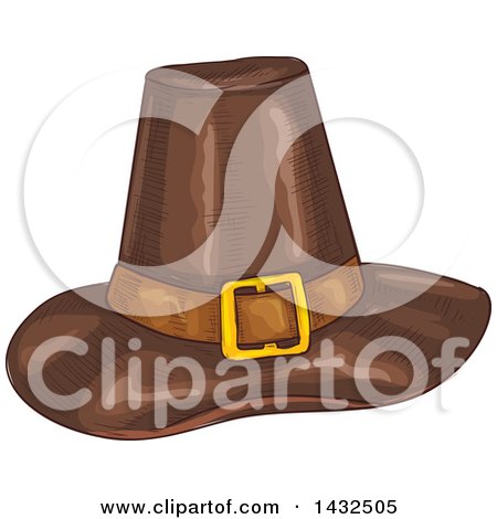 Clipart of a Sketched Brown Pilgrim Hat with a Gold Buckle - Royalty Free Vector Illustration by Vector Tradition SM