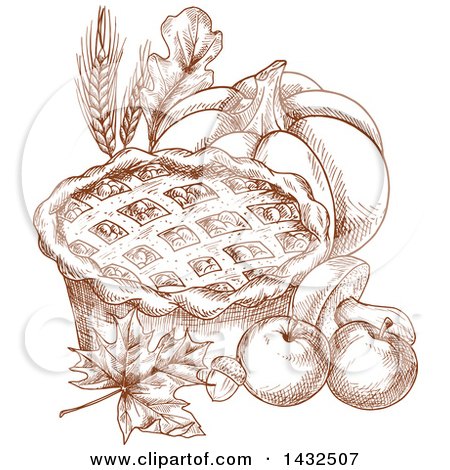 Clipart of a Sketched Thanksgiving Pie, Pumpkin, Wheat, Leaves and Apples - Royalty Free Vector Illustration by Vector Tradition SM