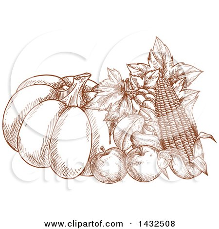 Clipart of a Sketched Brown Pumpkin, Apples, Mushroom, Grapes, Leaves, Acorn and Corn - Royalty Free Vector Illustration by Vector Tradition SM