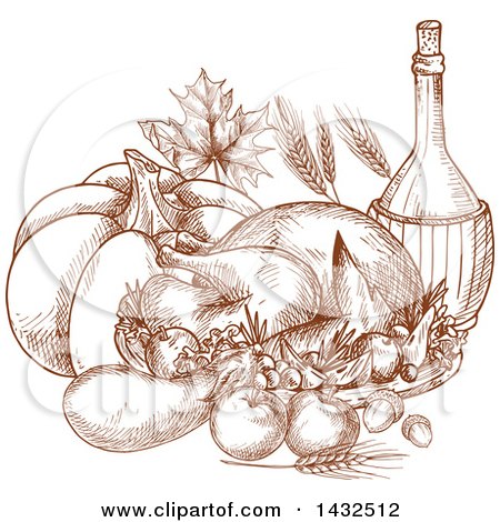 Clipart of a Sketched Roasted Thanksgiving Turkey - Royalty Free Vector Illustration by Vector Tradition SM