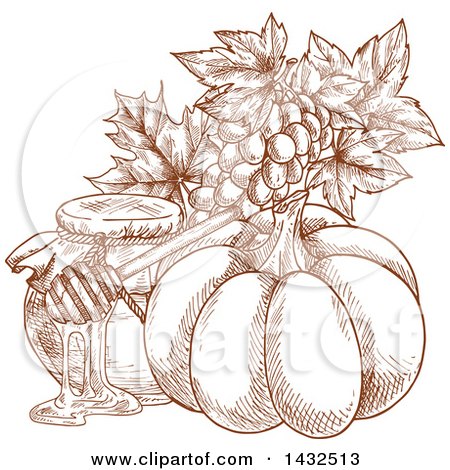 Clipart of a Sketched Brown Pumpkin, Grapes, and Honey - Royalty Free Vector Illustration by Vector Tradition SM