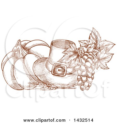 Clipart of a Sketched Brown Pilgrim Hat, Pumpkin and Grapes - Royalty Free Vector Illustration by Vector Tradition SM