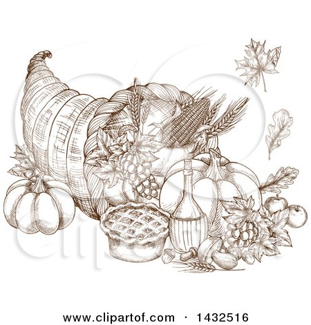 Clipart of a Sketched Brown Cornucopia, Pumpkins and Pie - Royalty Free Vector Illustration by Vector Tradition SM
