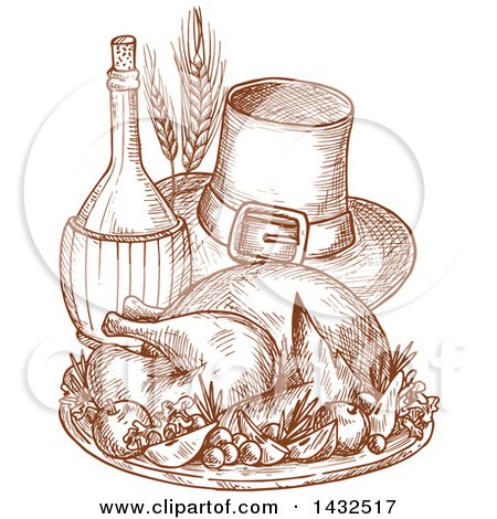 Clipart of a Sketched Roasted Thanksgiving Turkey and Pilgrim Hat - Royalty Free Vector Illustration by Vector Tradition SM