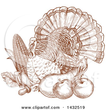 Clipart of a Sketched Brown Turkey Bird with Produce - Royalty Free Vector Illustration by Vector Tradition SM