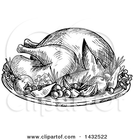 Clipart of a Sketched Black and White Roasted Thanksgiving Turkey and Pilgrim Hat - Royalty Free Vector Illustration by Vector Tradition SM