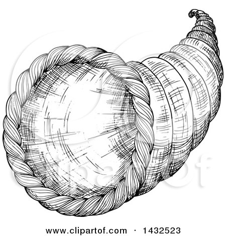 Clipart of a Sketched Black and White Cornucopia - Royalty Free Vector Illustration by Vector Tradition SM