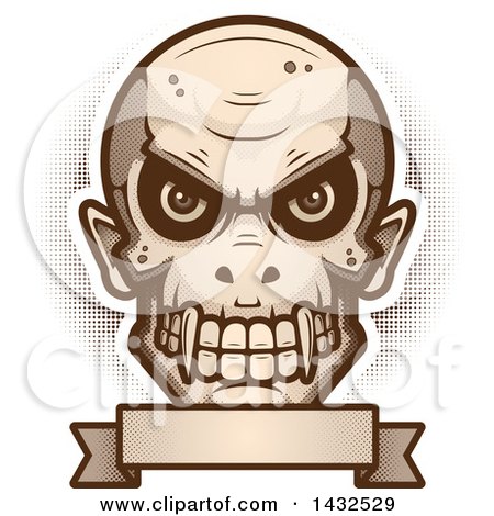 Clipart of a Halftone Evil Vampire Skull over a Blank Banner - Royalty Free Vector Illustration by Cory Thoman