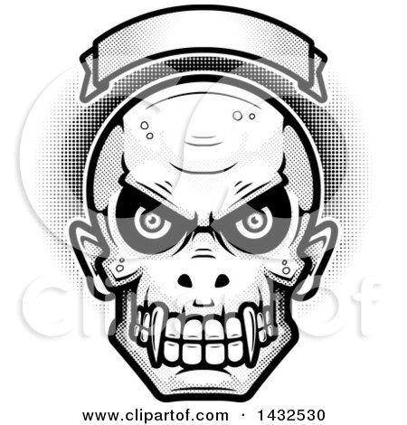 Clipart of a Halftone Black and White Evil Vampire Skull over a Blank Banner - Royalty Free Vector Illustration by Cory Thoman