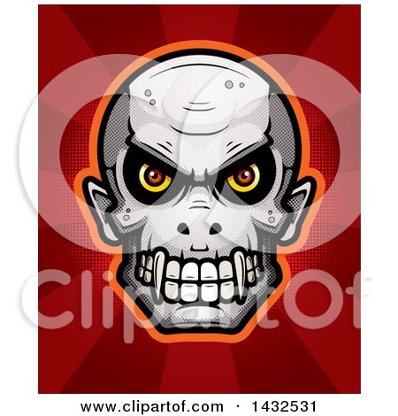 Clipart of a Halftone Evil Vampire Skull over Rays - Royalty Free Vector Illustration by Cory Thoman