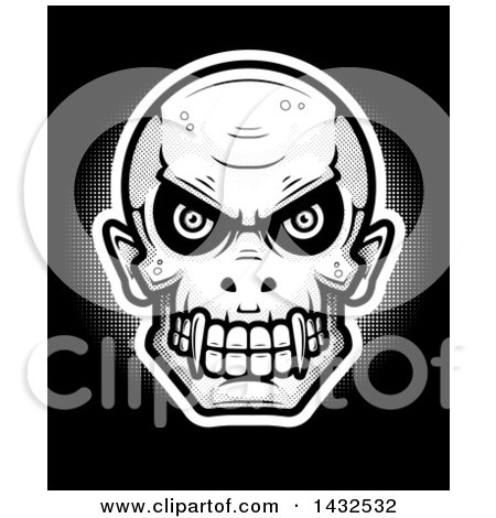 Clipart of a Halftone Evil Vampire Skull on Black - Royalty Free Vector Illustration by Cory Thoman