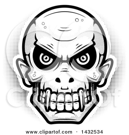Clipart of a Halftone Black and White Evil Vampire Skull - Royalty Free Vector Illustration by Cory Thoman