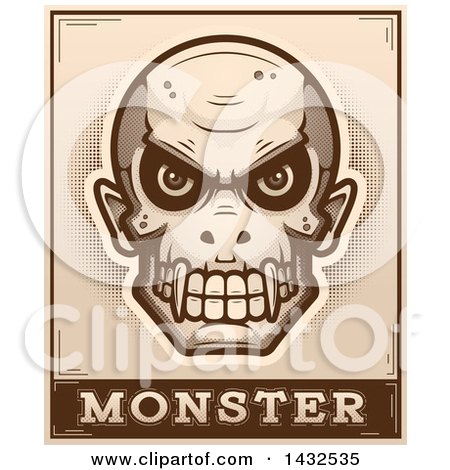 Clipart of a Halftone Evil Vampire Skull over Monster Text - Royalty Free Vector Illustration by Cory Thoman