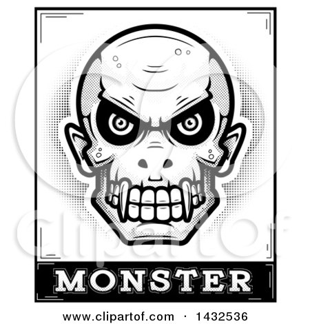 Clipart of a Halftone Black and White Evil Vampire Skull over Monster Text - Royalty Free Vector Illustration by Cory Thoman