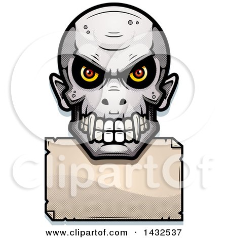 Clipart of a Halftone Evil Vampire Skull over a Blank Paper Sign - Royalty Free Vector Illustration by Cory Thoman