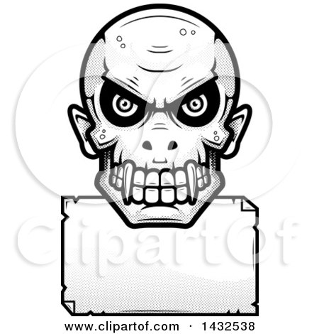 Clipart of a Halftone Black and White Evil Vampire Skull over a Blank Paper Sign - Royalty Free Vector Illustration by Cory Thoman