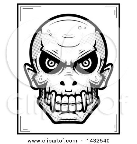Clipart of a Halftone Black and White Evil Vampire Skull Poster Design - Royalty Free Vector Illustration by Cory Thoman