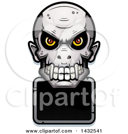 Clipart of a Halftone Evil Vampire Skull over a Blank Sign - Royalty Free Vector Illustration by Cory Thoman