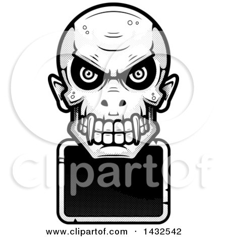 Clipart of a Halftone Black and White Evil Vampire Skull over a Blank Sign - Royalty Free Vector Illustration by Cory Thoman