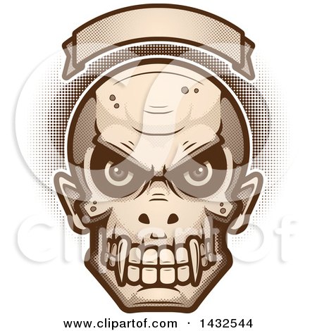 Clipart of a Halftone Evil Vampire Skull Under a Blank Banner - Royalty Free Vector Illustration by Cory Thoman