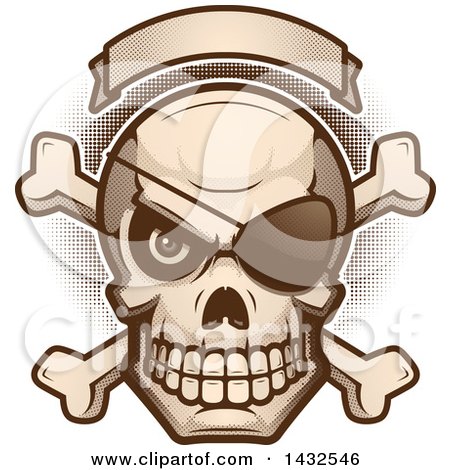 Clipart of a Halftone Evil Pirate Skull and Crossbones Under a Blank Banner - Royalty Free Vector Illustration by Cory Thoman