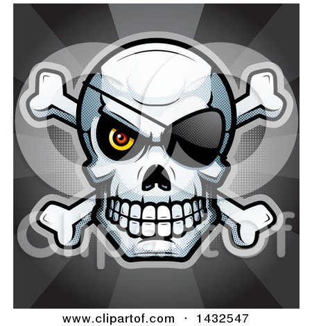 Clipart of a Halftone Pirate Skull and Crossbones over Rays - Royalty Free Vector Illustration by Cory Thoman