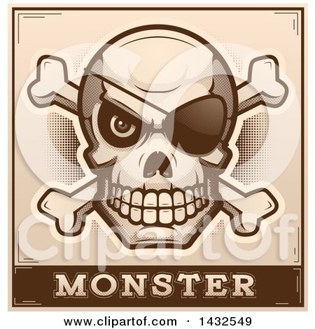 Clipart of a Halftone Pirate Skull and Crossbones over Monster Text - Royalty Free Vector Illustration by Cory Thoman
