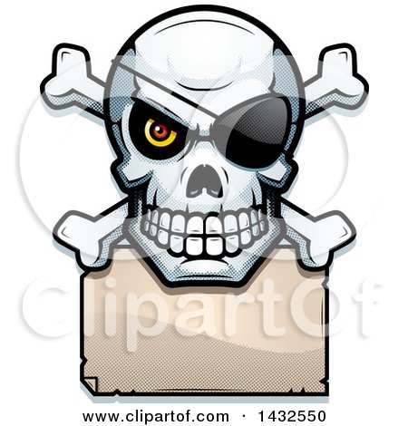 Clipart of a Halftone Pirate Skull and Crossbones over a Blank Paper Sign - Royalty Free Vector Illustration by Cory Thoman