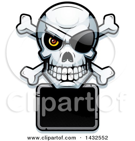Clipart of a Halftone Pirate Skull and Crossbones over a Blank Sign - Royalty Free Vector Illustration by Cory Thoman