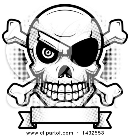Clipart of a Halftone Black and White Evil Pirate Skull and Crossbones over a Blank Banner - Royalty Free Vector Illustration by Cory Thoman