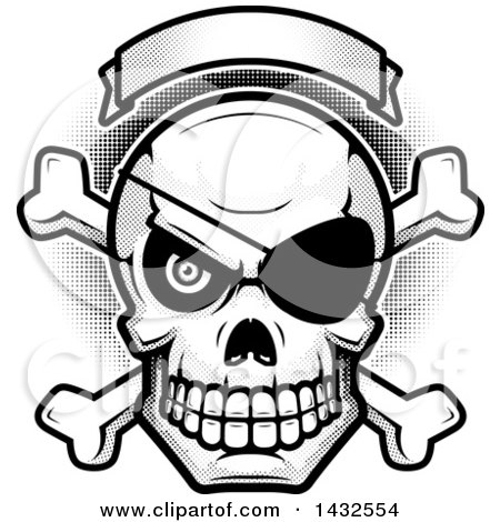 Clipart of a Halftone Black and White Evil Pirate Skull and Crossbones Under a Blank Banner - Royalty Free Vector Illustration by Cory Thoman
