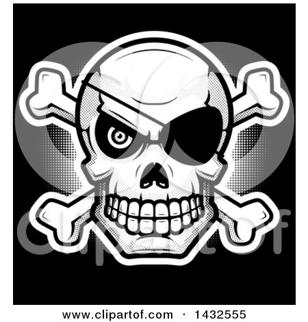 Clipart of a Halftone Pirate Skull and Crossbones on Black - Royalty Free Vector Illustration by Cory Thoman