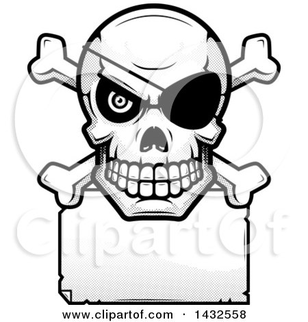 Clipart of a Halftone Black and White Pirate Skull and Crossbones over a Blank Paper Sign - Royalty Free Vector Illustration by Cory Thoman