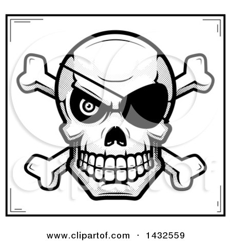 Clipart of a Halftone Black and White Pirate Skull and Crossbones Poster Design - Royalty Free Vector Illustration by Cory Thoman