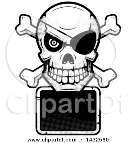 Clipart of a Halftone Black and White Pirate Skull and Crossbones over a Blank Sign - Royalty Free Vector Illustration by Cory Thoman