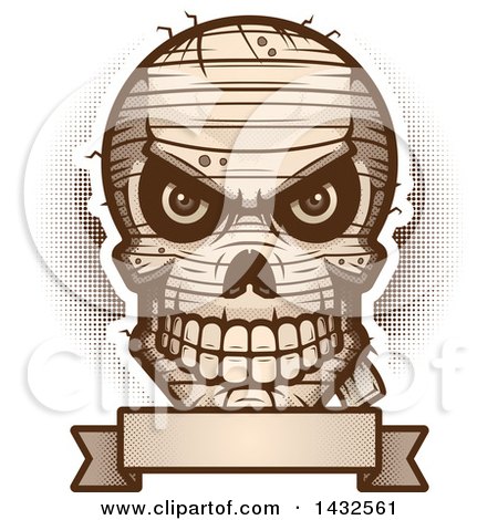 Clipart of a Halftone Evil Mummy Skull over a Blank Banner - Royalty Free Vector Illustration by Cory Thoman