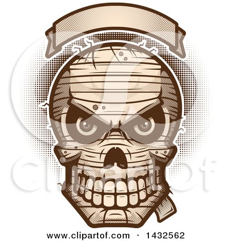 Clipart of a Halftone Evil Mummy Skull Under a Blank Banner - Royalty Free Vector Illustration by Cory Thoman