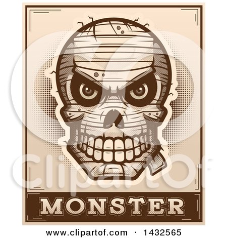 Clipart of a Halftone Evil Mummy Skull over Monster Text - Royalty Free Vector Illustration by Cory Thoman
