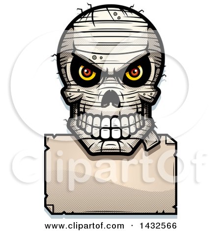 Clipart of a Halftone Evil Mummy Skull over a Blank Paper Sign - Royalty Free Vector Illustration by Cory Thoman