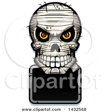 Clipart of a Halftone Evil Mummy Skull over a Blank Sign - Royalty Free Vector Illustration by Cory Thoman