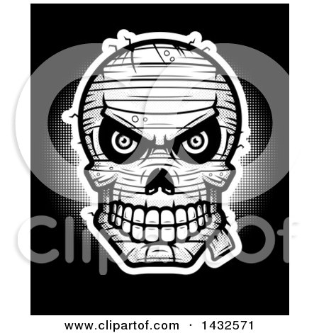 Clipart of a Halftone Evil Mummy Skull on Black - Royalty Free Vector Illustration by Cory Thoman