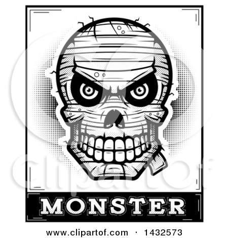 Clipart of a Halftone Black and White Evil Mummy Skull over Monster Text - Royalty Free Vector Illustration by Cory Thoman