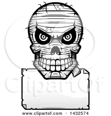 Clipart of a Halftone Black and White Evil Mummy Skull over a Blank Paper Sign - Royalty Free Vector Illustration by Cory Thoman